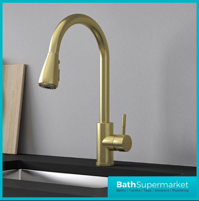 Ellsi Luxr Brushed Brass Swivel Spout Kitchen Sink Mixer Tap With Pull Out Spray - Image 5