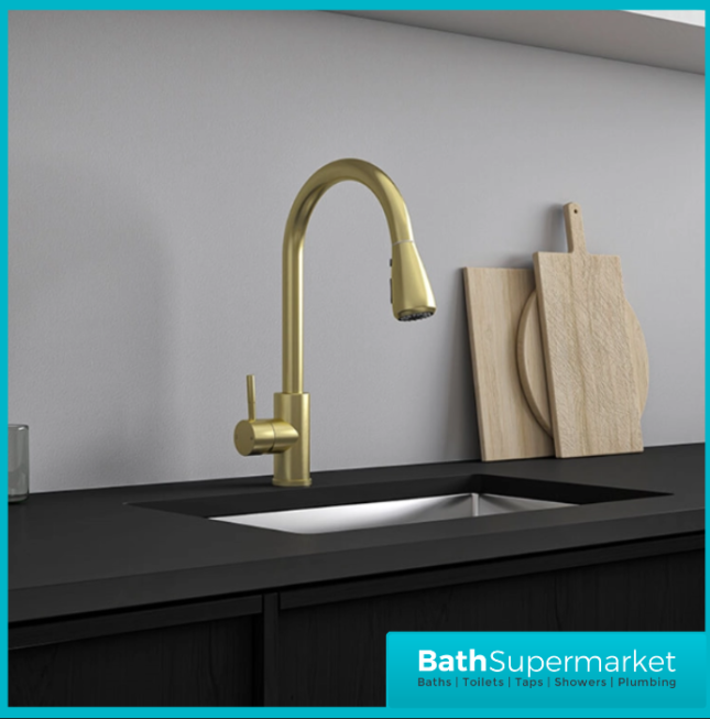 Ellsi Luxr Brushed Brass Swivel Spout Kitchen Sink Mixer Tap With Pull Out Spray - Image 7