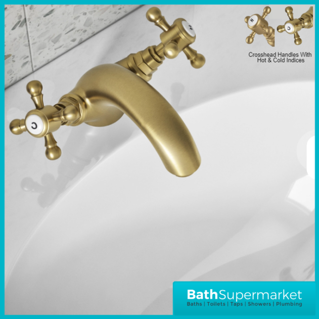 Russeldene & Marie Traditional Brushed Brass Basin Mono Basin Mixer Tap & Push Waste - Image 4
