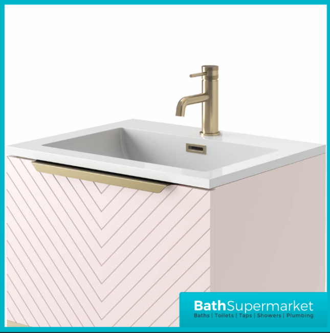 Caprio Pink Wall Hung Basin Cabinet Vanity Unit & Choice Of Brushed Brass Frame Shelf 600mm - Image 5