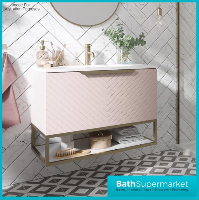 Caprio Pink Wall Hung Basin Cabinet Vanity Unit & Choice Of Brushed Brass Frame Shelf 800mm