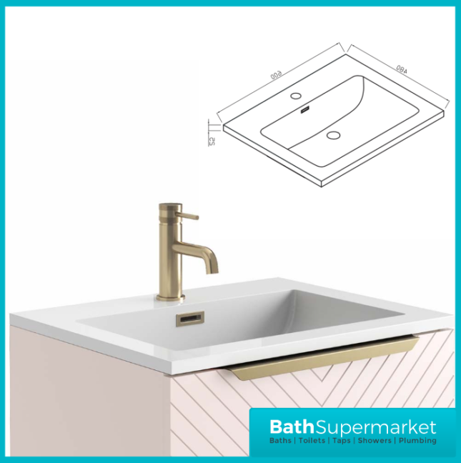 Caprio Pink Wall Hung Basin Cabinet Vanity Unit & Choice Of Brushed Brass Frame Shelf 600mm - Image 9