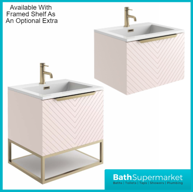 Caprio Pink Wall Hung Basin Cabinet Vanity Unit & Choice Of Brushed Brass Frame Shelf 600mm