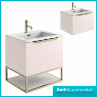 Caprio Pink Wall Hung Basin Cabinet Vanity Unit & Choice Of Brushed Brass Frame Shelf 600mm