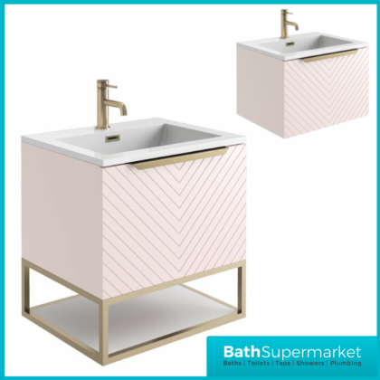 Caprio Pink Wall Hung Basin Cabinet Vanity Unit & Choice Of Brushed Brass Frame Shelf 600mm