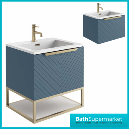 Caprio Blue Wall Hung Basin Cabinet Vanity Unit & Choice Of Brushed Brass Frame Shelf 600mm