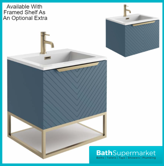 Caprio Blue Wall Hung Basin Cabinet Vanity Unit & Choice Of Brushed Brass Frame Shelf 600mm - Image 5