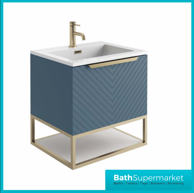 Caprio Blue Wall Hung Basin Cabinet Vanity Unit & Choice Of Brushed Brass Frame Shelf 600mm