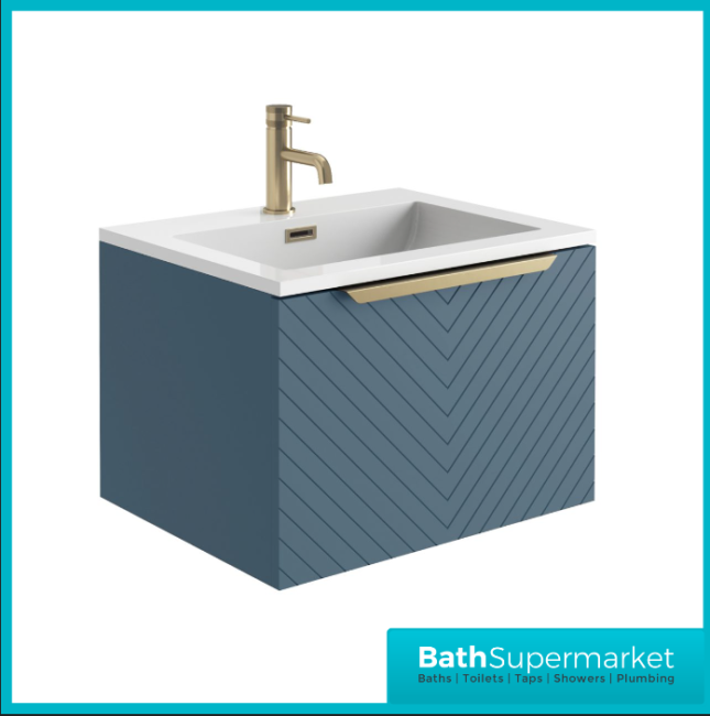 Caprio Blue Wall Hung Basin Cabinet Vanity Unit & Choice Of Brushed Brass Frame Shelf 600mm