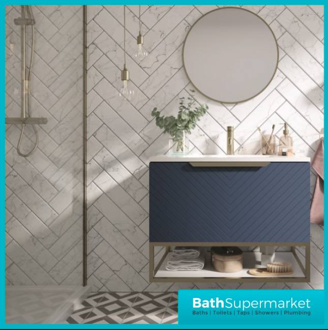 Caprio Blue Wall Hung Basin Cabinet Vanity Unit & Choice Of Brushed Brass Frame Shelf 600mm - Image 2