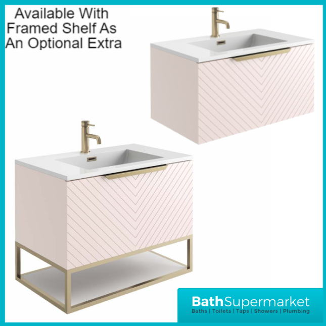 Caprio Pink Wall Hung Basin Cabinet Vanity Unit & Choice Of Brushed Brass Frame Shelf 800mm - Image 5