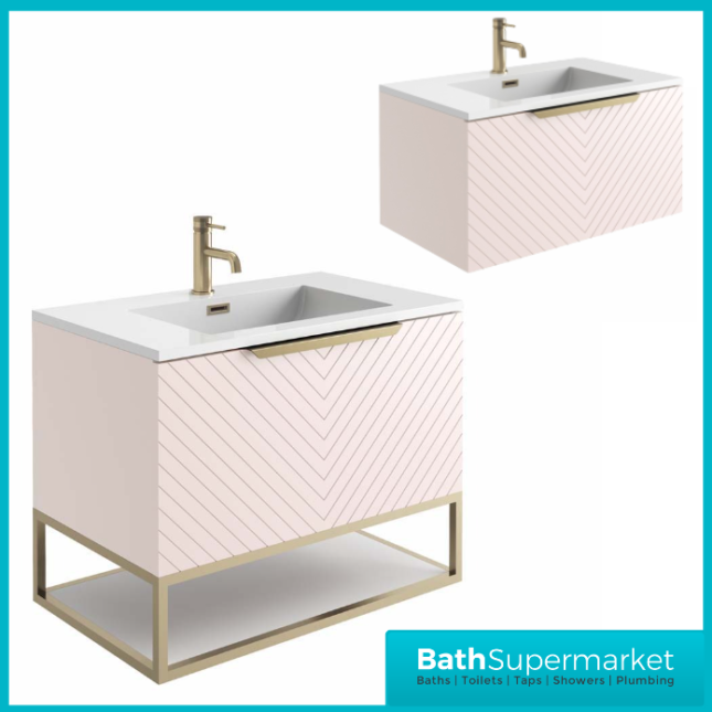 Caprio Pink Wall Hung Basin Cabinet Vanity Unit & Choice Of Brushed Brass Frame Shelf 800mm