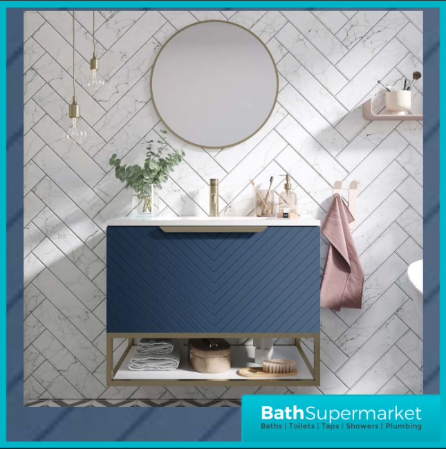 Caprio Blue Wall Hung Basin Cabinet Vanity Unit & Choice Of Brushed Brass Frame Shelf 800mm