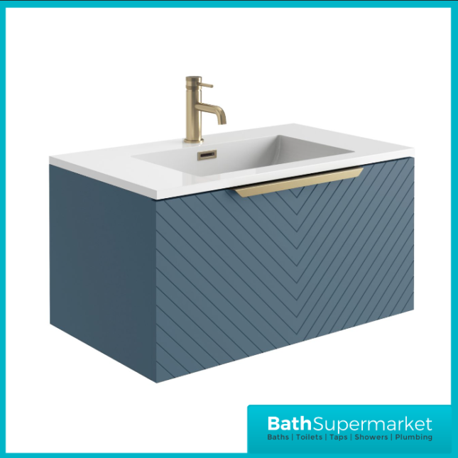 Caprio Blue Wall Hung Basin Cabinet Vanity Unit & Choice Of Brushed Brass Frame Shelf 800mm - Image 5