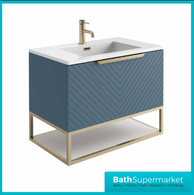 Caprio Blue Wall Hung Basin Cabinet Vanity Unit & Choice Of Brushed Brass Frame Shelf 800mm - Image 3