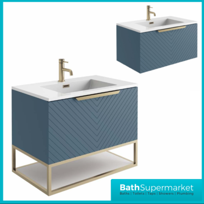 Caprio Blue Wall Hung Basin Cabinet Vanity Unit & Choice Of Brushed Brass Frame Shelf 800mm