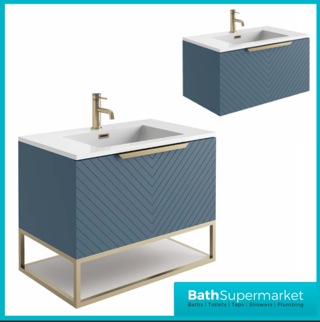 Caprio Blue Wall Hung Basin Cabinet Vanity Unit & Choice Of Brushed Brass Frame Shelf 800mm