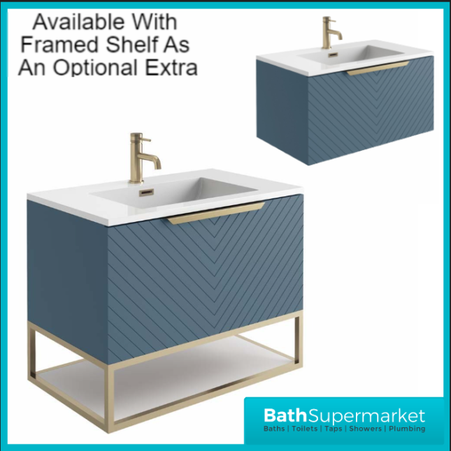 Caprio Blue Wall Hung Basin Cabinet Vanity Unit & Choice Of Brushed Brass Frame Shelf 800mm - Image 13