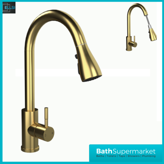 Ellsi Luxr Brushed Brass Swivel Spout Kitchen Sink Mixer Tap With Pull Out Spray