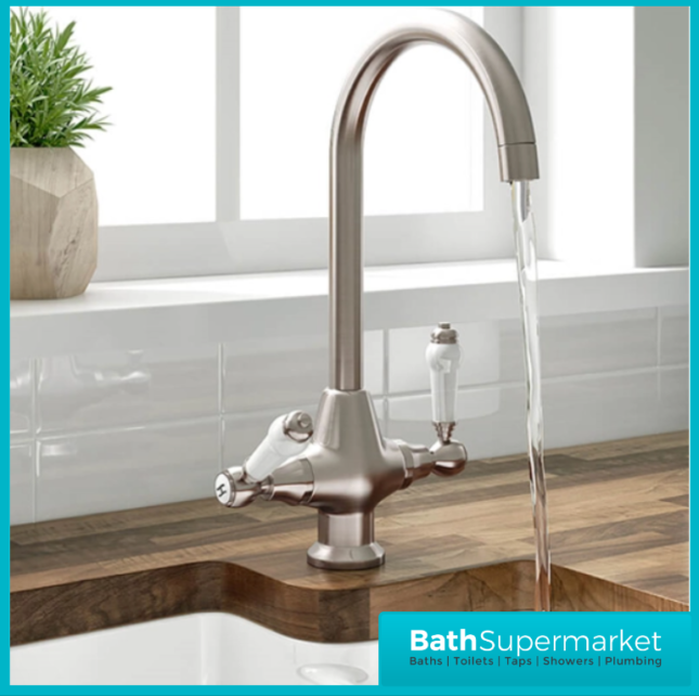 Excellence Brushed Nickel Swan Neck Swivel Spout Mixer Kitchen Tap - Image 2