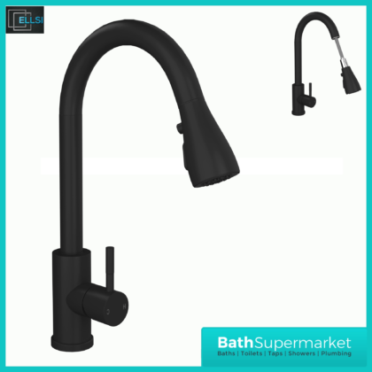 Ellsi Luxr Matt Black Swivel Spout Kitchen Sink Mixer Tap With Pull Out Spray