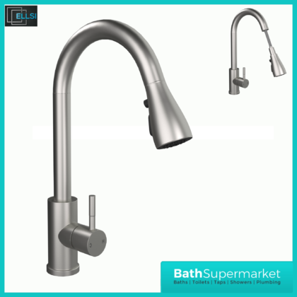 Ellsi Luxr Brushed Steel Swivel Spout Kitchen Sink Mixer Tap With Pull Out Spray
