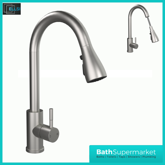 Ellsi Luxr Brushed Steel Swivel Spout Kitchen Sink Mixer Tap With Pull Out Spray
