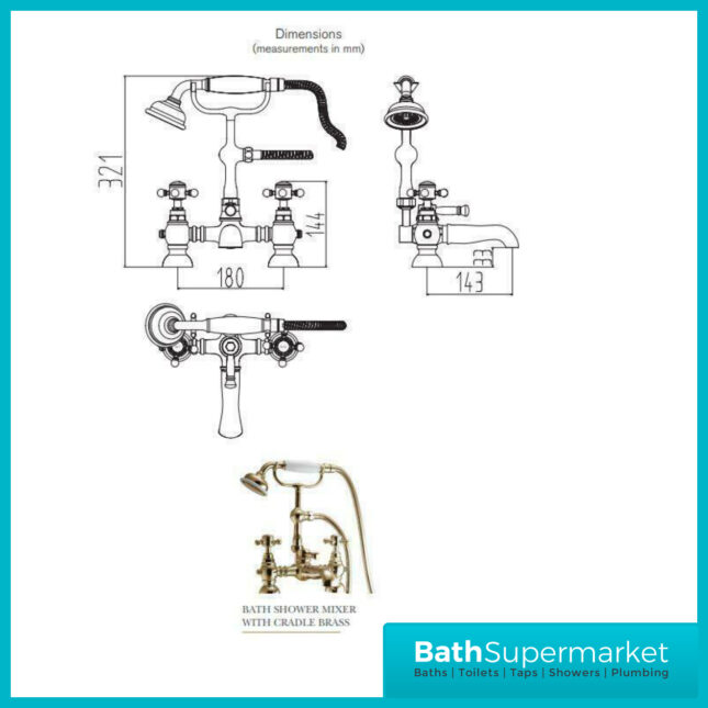 Russeldene & Marie Aged Brushed Brass Bath Shower Mixer Tap With Cradle Kit