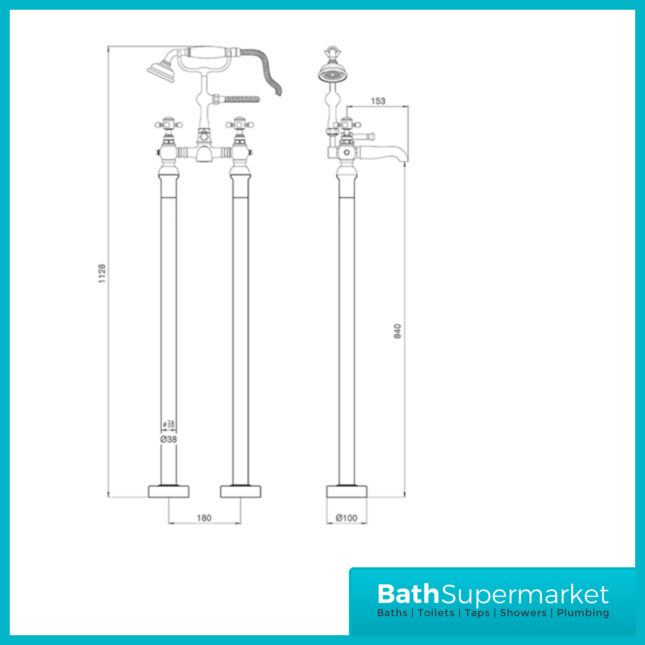 Russeldene & Marie Traditional Brushed Brass Freestanding Bath Shower White Handle Mixer Tap - Image 4