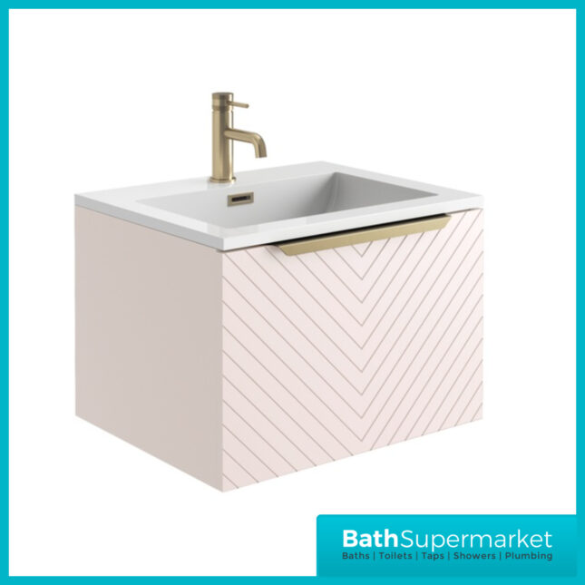 Caprio Pink Wall Hung Basin Cabinet Vanity Unit & Choice Of Brushed Brass Frame Shelf 600mm