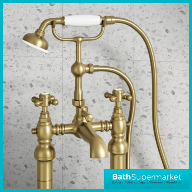 Russeldene & Marie Traditional Brushed Brass Freestanding Bath Shower White Handle Mixer Tap - Image 2