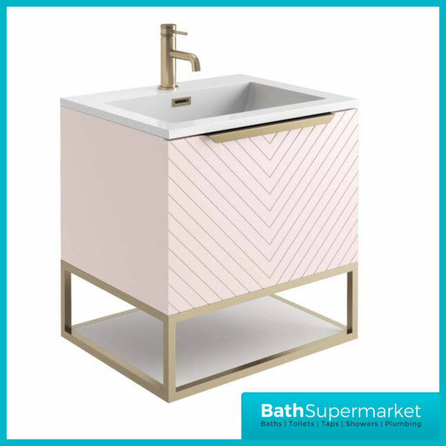 Caprio Pink Wall Hung Basin Cabinet Vanity Unit & Choice Of Brushed Brass Frame Shelf 600mm - Image 3