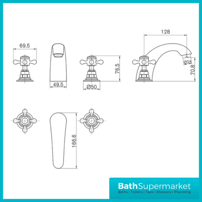 Russeldene & Marie Traditional Brushed Brass 3 Hole Deck Mounted Basin Mixer Tap - Image 5