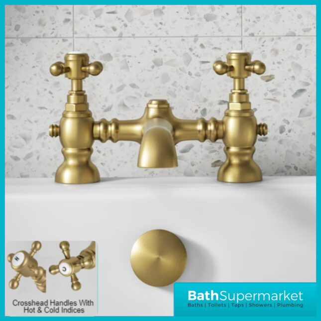 Russeldene & Marie Traditional Brushed Brass Cross Head Deck Mounted Bath Filler Tap - Image 2