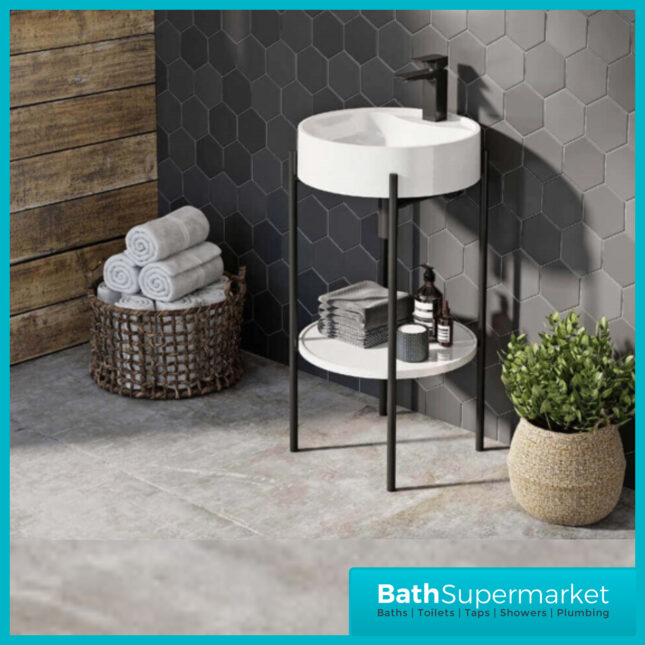 Mono Matt Black Framed Round Cloakroom Washstand Basin 450mm