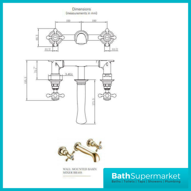 Russeldene & Marie Aged Brushed Brass Wall Mounted Basin Mixer Tap