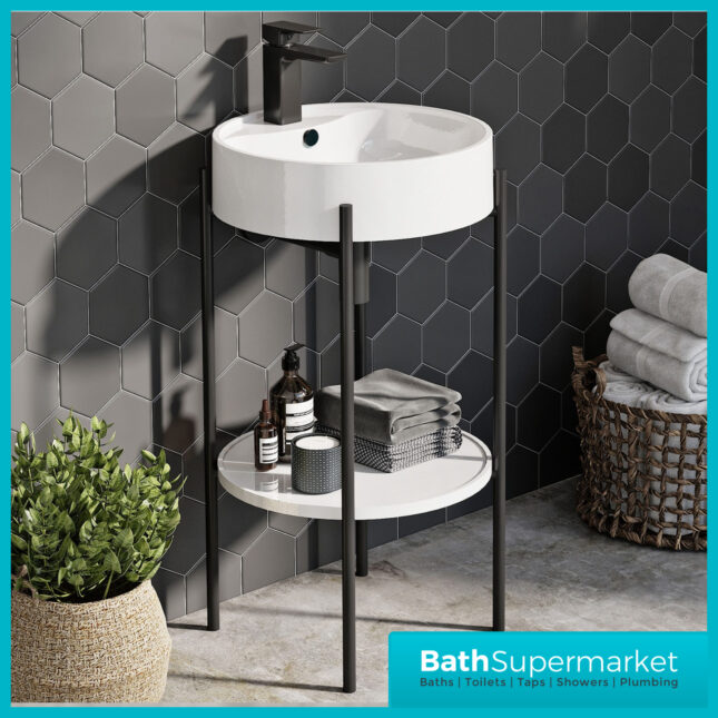 Mono Matt Black Framed Round Cloakroom Washstand Basin 450mm