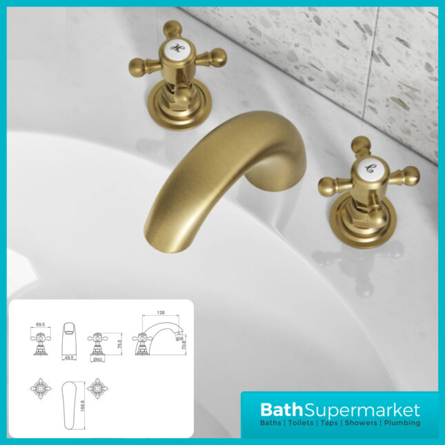 Russeldene & Marie Traditional Brushed Brass 3 Hole Deck Mounted Basin Mixer Tap - Image 3