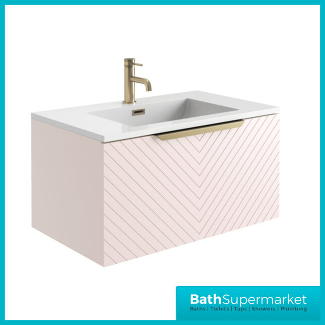 Caprio Pink Wall Hung Basin Cabinet Vanity Unit & Choice Of Brushed Brass Frame Shelf 800mm - Image 6