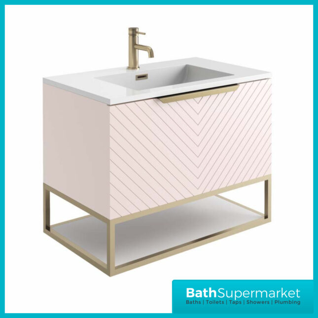 Caprio Pink Wall Hung Basin Cabinet Vanity Unit & Choice Of Brushed Brass Frame Shelf 800mm
