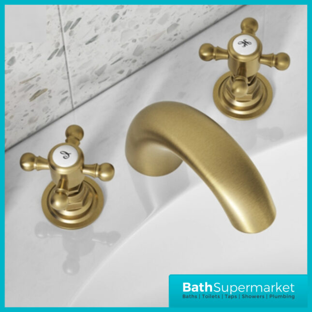 Russeldene & Marie Traditional Brushed Brass 3 Hole Deck Mounted Basin Mixer Tap - Image 4