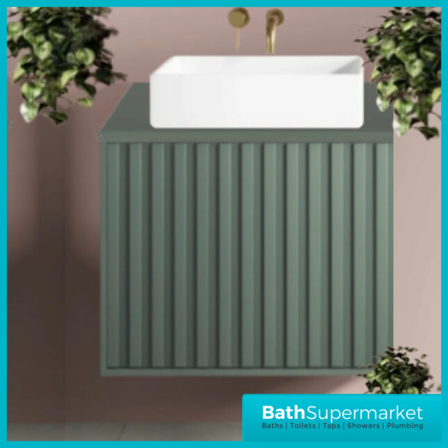 Orac Fluted Reed Green Wall Hung Bathroom Cabinet Unit 600mm & White Counter Top Basin