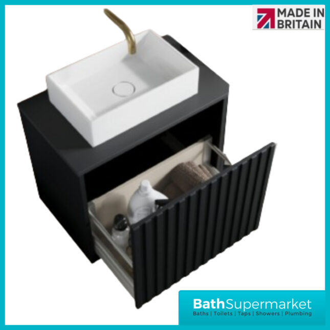 Orac Fluted Matt Black Wall Hung Bathroom Cabinet Unit 600mm & White Counter Top Basin