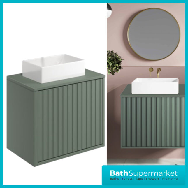 Orac Fluted Reed Green Wall Hung Bathroom Cabinet Unit 600mm & White Counter Top Basin