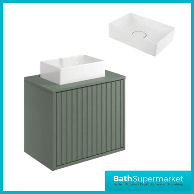 Orac Fluted Reed Green Wall Hung Bathroom Cabinet Unit 600mm & White Counter Top Basin