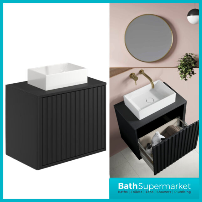 Orac Fluted Matt Black Wall Hung Bathroom Cabinet Drawer Unit 600mm With White Counter Top Basin