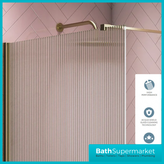Sognare Brushed Brass Fluted 8mm Glass Shower Wetroom Screen Panel & Support Arm - Image 10