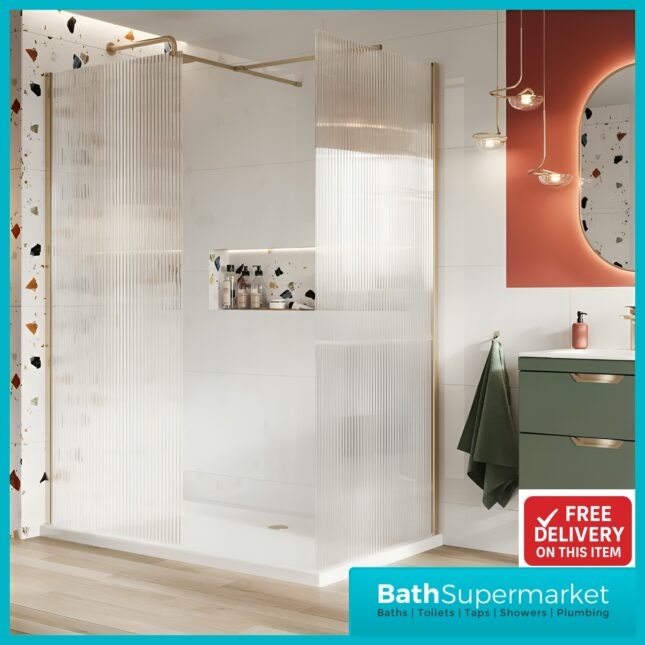 Scudo Brushed Brass Fluted 8mm Glass Shower Wetroom Screen Panel & Support Arm