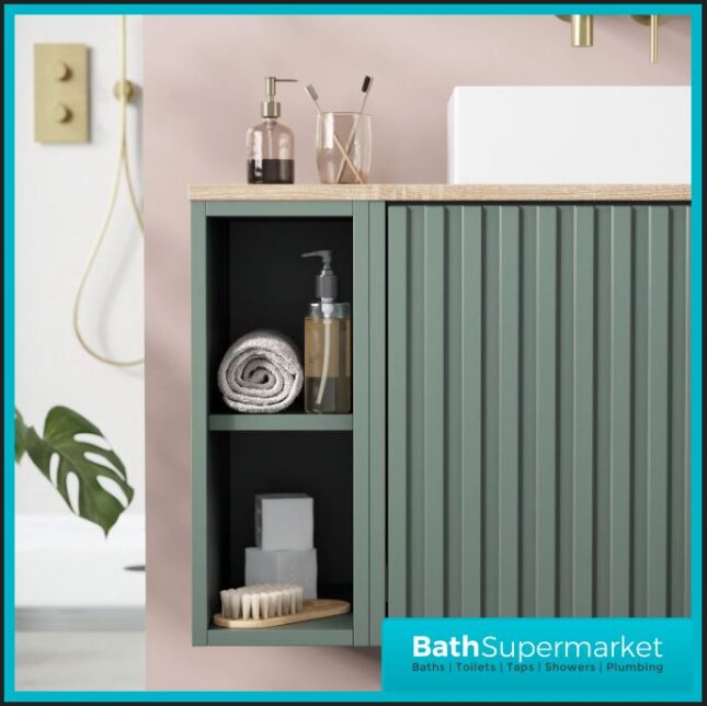 Orac Fluted Reed Green Wall Hung Side Storage Shelf Vanity Unit With Worktop 800mm & Counter Top Basin - Image 7