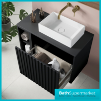 Orac Fluted Matt Black Wall Hung Side Shelf Vanity Unit 800mm & White Counter Top Basin